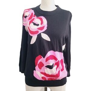 Kate Spade Colorfully Rose Floral Sweater M Black‎ Pink 3/4 Sleeve Lightweight